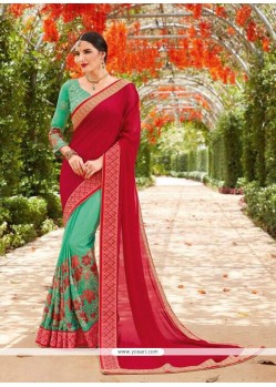 Green And Red Embroidered Work Faux Georgette Half N Half Designer Saree