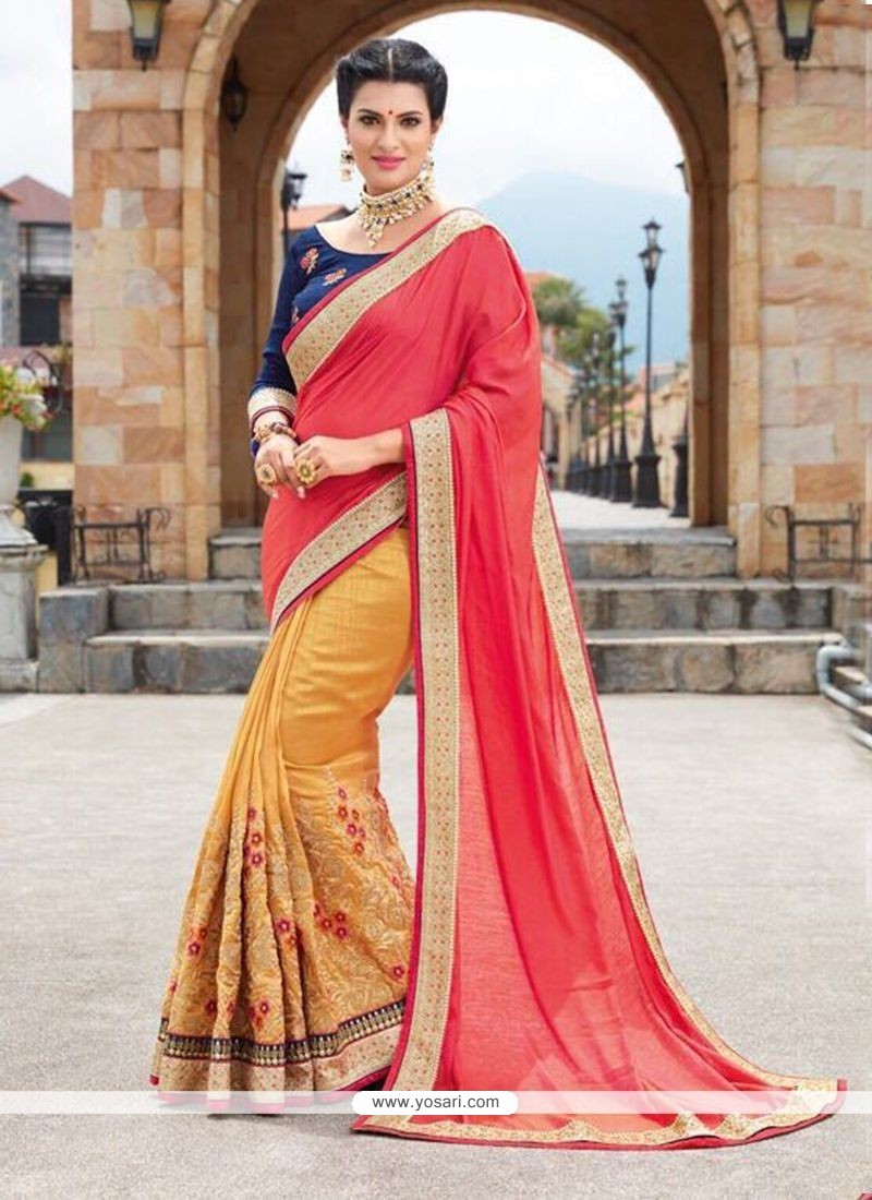 Mustard And Red Patch Border Work Faux Georgette Half N Half Saree