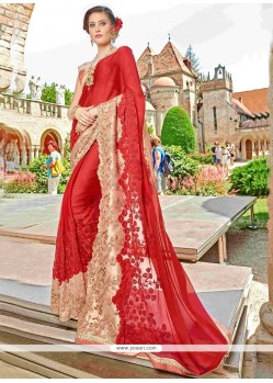 Patch Border Faux Chiffon Saree In Red