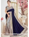 Velvet Blue And Grey Half N Half Designer Saree