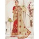 Beige And Red Embroidered Work Fancy Fabric Half N Half Designer Saree