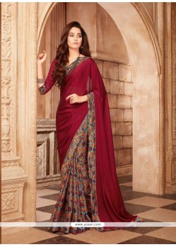 Maroon Print Work Faux Georgette Printed Saree