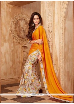 Orange Print Work Printed Saree