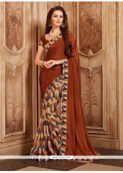 Brown Print Work Faux Georgette Printed Saree