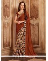 Brown Print Work Faux Georgette Printed Saree