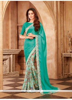 Faux Georgette Sea Green Printed Saree