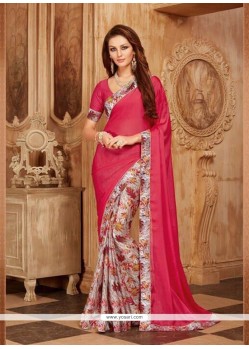 Faux Georgette Hot Pink Print Work Printed Saree