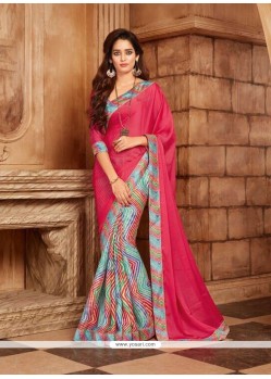 Hot Pink Faux Georgette Printed Saree