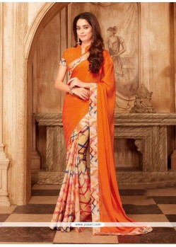 Orange Print Work Printed Saree