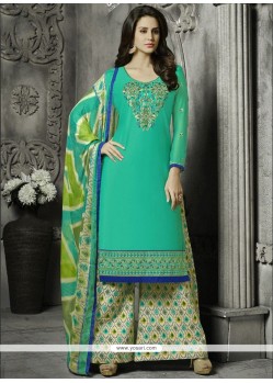 Embroidered Work Blue Cotton Palazzo Suit