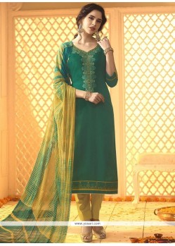 Embroidered Work Cotton Green Churidar Designer Suit