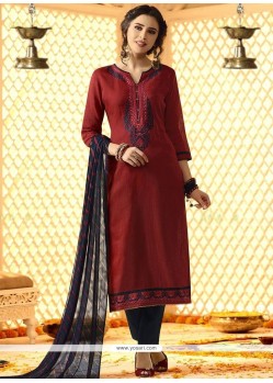 Embroidered Work Cotton Maroon Churidar Designer Suit