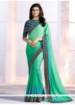 Prachi Desai Blue And Sea Green Faux Georgette Embroidered Work Shaded Saree