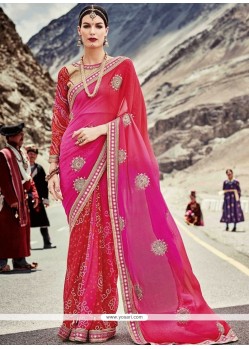 Faux Chiffon Hot Pink And Red Print Work Classic Designer Saree