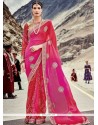 Faux Chiffon Hot Pink And Red Print Work Classic Designer Saree