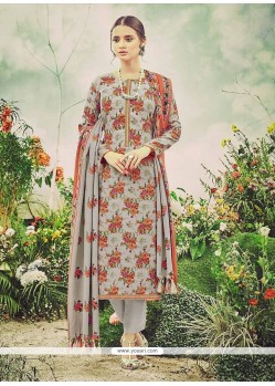 Grey Print Work Pashmina Straight Suit