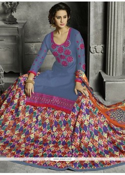 Embroidered Work Grey Long Choli Lehenga