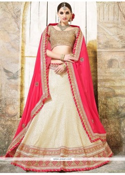 Hot Pink And Off White Lace Work Fancy Fabric Lehenga Choli