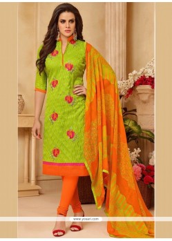 Green Embroidered Work Cotton Churidar Suit