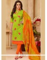 Green Embroidered Work Cotton Churidar Suit