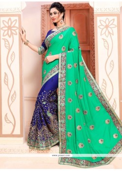 Patch Border Work Navy Blue And Sea Green Crepe Silk Half N Half Designer Saree