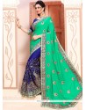 Patch Border Work Navy Blue And Sea Green Crepe Silk Half N Half Designer Saree