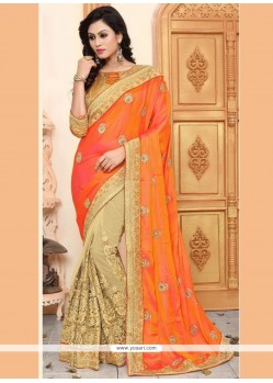 Patch Border Work Beige And Orange Crepe Silk Half N Half Designer Saree