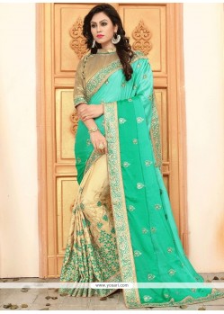 Crepe Silk Beige And Sea Green Designer Half N Half Saree