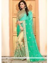 Crepe Silk Beige And Sea Green Designer Half N Half Saree