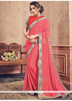 Faux Chiffon Pink Patch Border Work Classic Saree