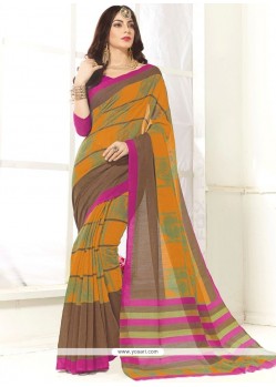 Orange Print Work Fancy Fabric Casual Saree