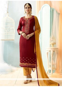 Maroon Resham Work Straight Suit