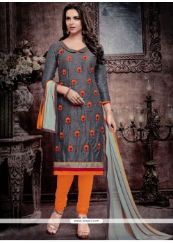 Embroidered Work Grey Cotton Churidar Designer Suit