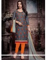 Embroidered Work Grey Cotton Churidar Designer Suit