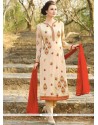 Cream Resham Work Faux Georgette Churidar Designer Suit