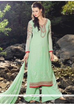 Resham Work Faux Georgette Sea Green Designer Palazzo Suit