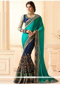 Net Navy Blue And Sea Green Designer Half N Half Saree