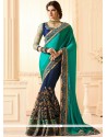 Net Navy Blue And Sea Green Designer Half N Half Saree