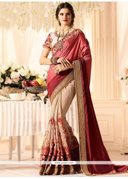 Patch Border Work Beige And Pink Half N Half Designer Saree