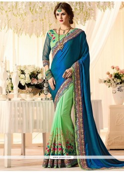 Faux Georgette Blue And Sea Green Designer Half N Half Saree