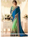 Faux Georgette Blue And Sea Green Designer Half N Half Saree