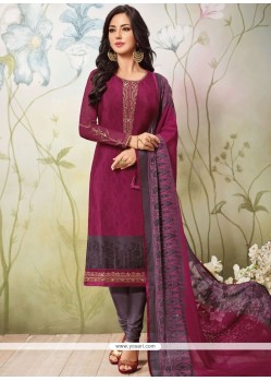 Embroidered Faux Crepe Churidar Designer Suit In Magenta