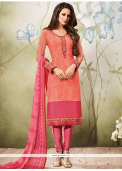 Embroidered Work Faux Georgette Pink Churidar Designer Suit