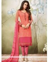 Embroidered Work Faux Georgette Pink Churidar Designer Suit