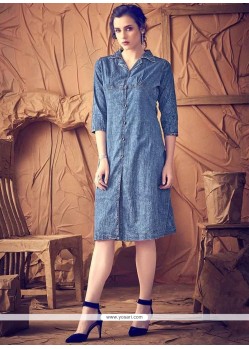 Blue Plain Work Denim Party Wear Kurti