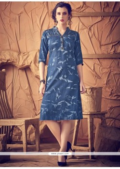 Denim Blue Print Work Party Wear Kurti