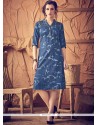 Denim Blue Print Work Party Wear Kurti