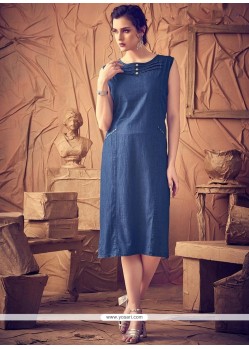 Blue Plain Work Denim Party Wear Kurti