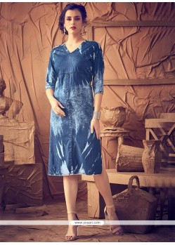 Print Work Blue Denim Party Wear Kurti