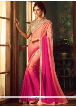 Faux Georgette Hot Pink And Orange Patch Border Work Shaded Saree